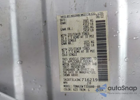 2022 Nissan Rogue Sl Fwd z USA, uszkodzony, nr VIN 5N1BT3CA3NC716219